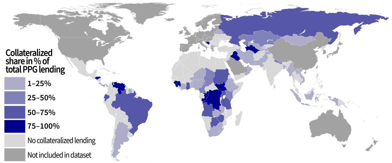 World map delineating China's collateralization status of PPG countries