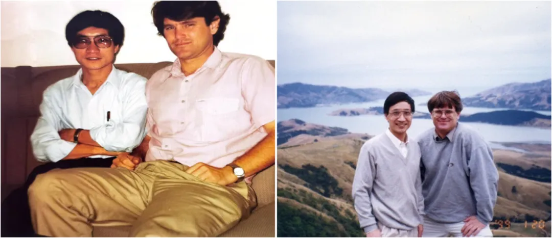 Two photos of Jikun Huang and Scott Rozelle side by side from the 1990s.