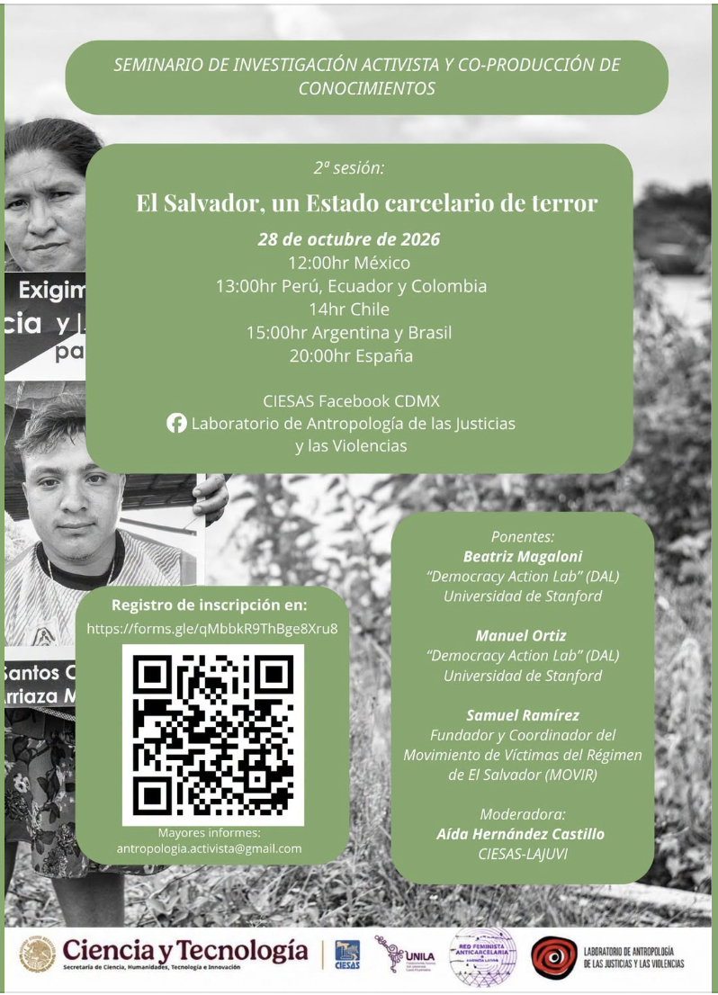 Flyer for the seminar ‘El Salvador, un Estado carcelario de terror’ on October 28, 2026, listing speakers Beatriz Magaloni, Manuel Ortiz, Samuel Ramírez, and moderator Aída Hernández Castillo, with a registration QR code over a background photo of a woman holding a justice-themed protest sign.