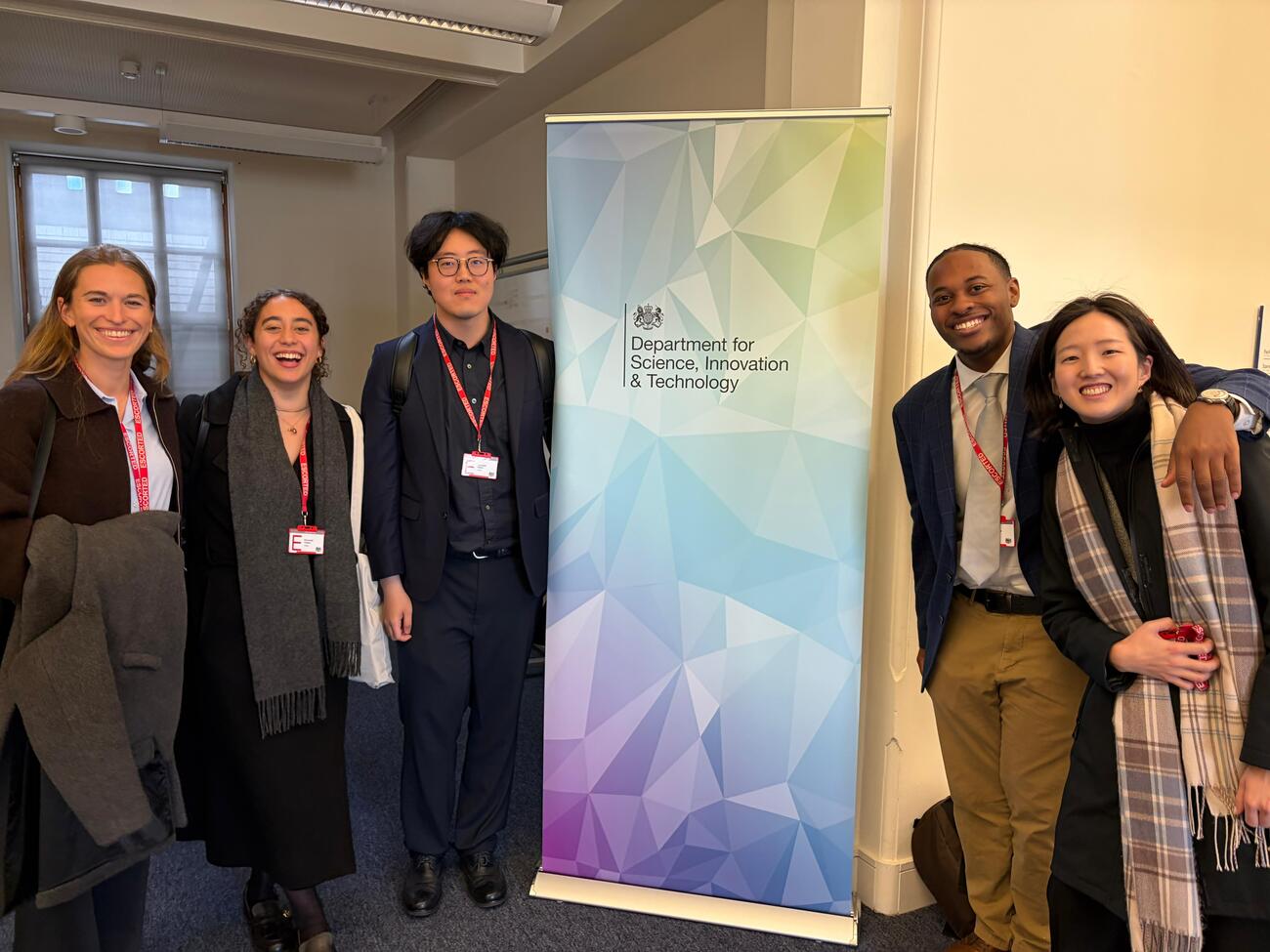 MIP students Ella Smith, Malou van Draanen Glismann, Ran Guo, Tyler Smith, and Shin Haeng Lee at the UK Department for Science, Innovation, and Technology.