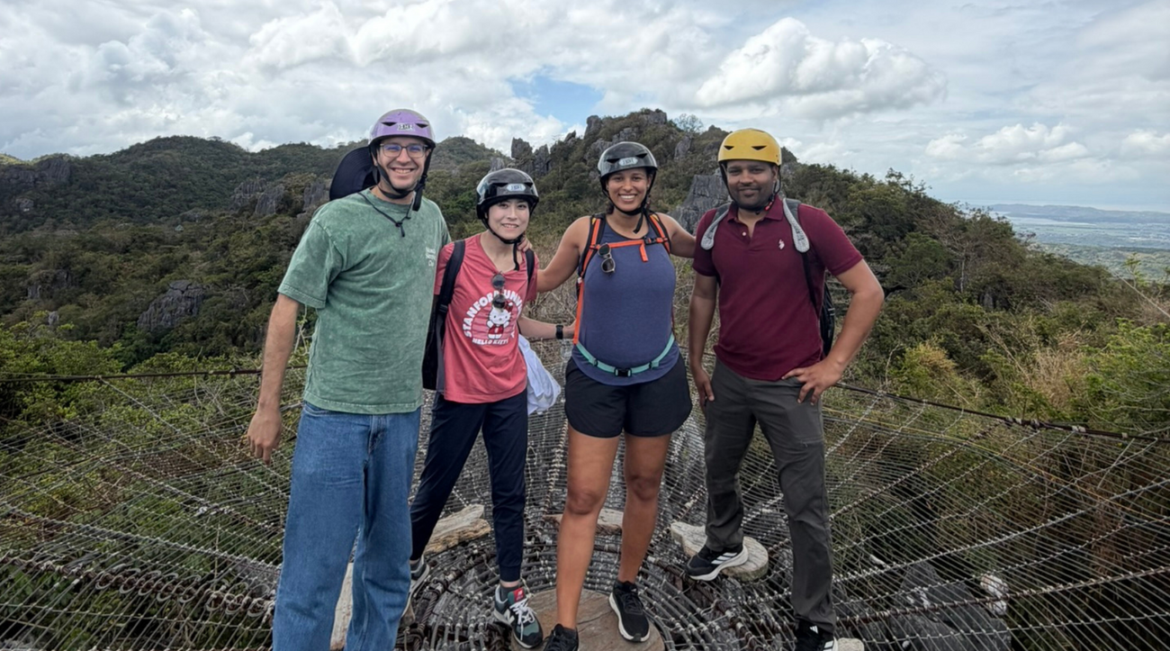 MIP students Amit Sheoran, Jennifer Eyen, Oluwafunmibi Asunmonu, Santiago Paz Ojeda, and Yukiko Ueda on a high adventure ropes coursein the Philippines.