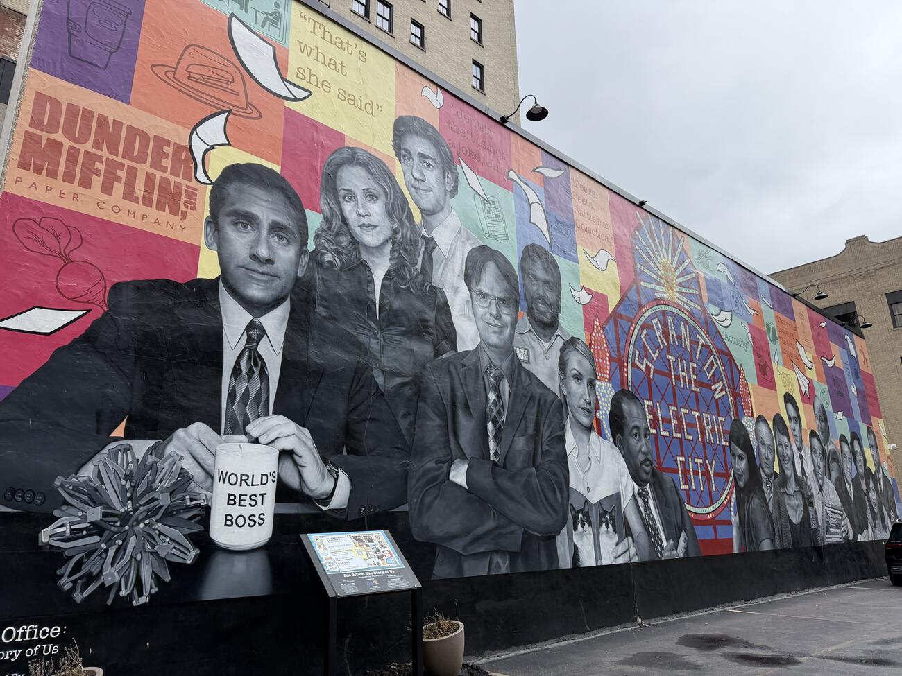 A mural of celebrities and cultural icons painted on the side of a building in Scranton, Pennsylvania.