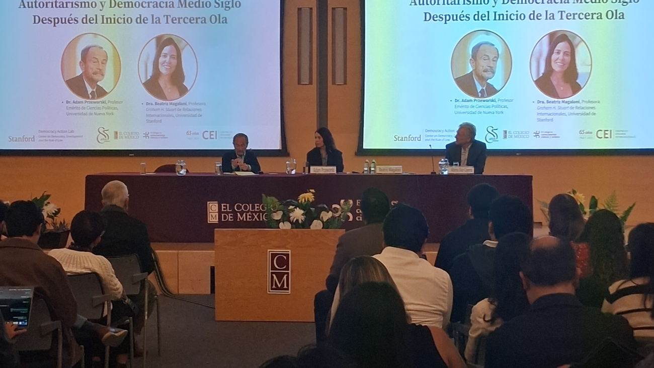 Prof. Adam Prezworski, Prof. Beatriz Magaloni, and Prof. Alberto Díaz Cayeros present during DAL’s Inaugural Conference at El Colegio de Mexico.