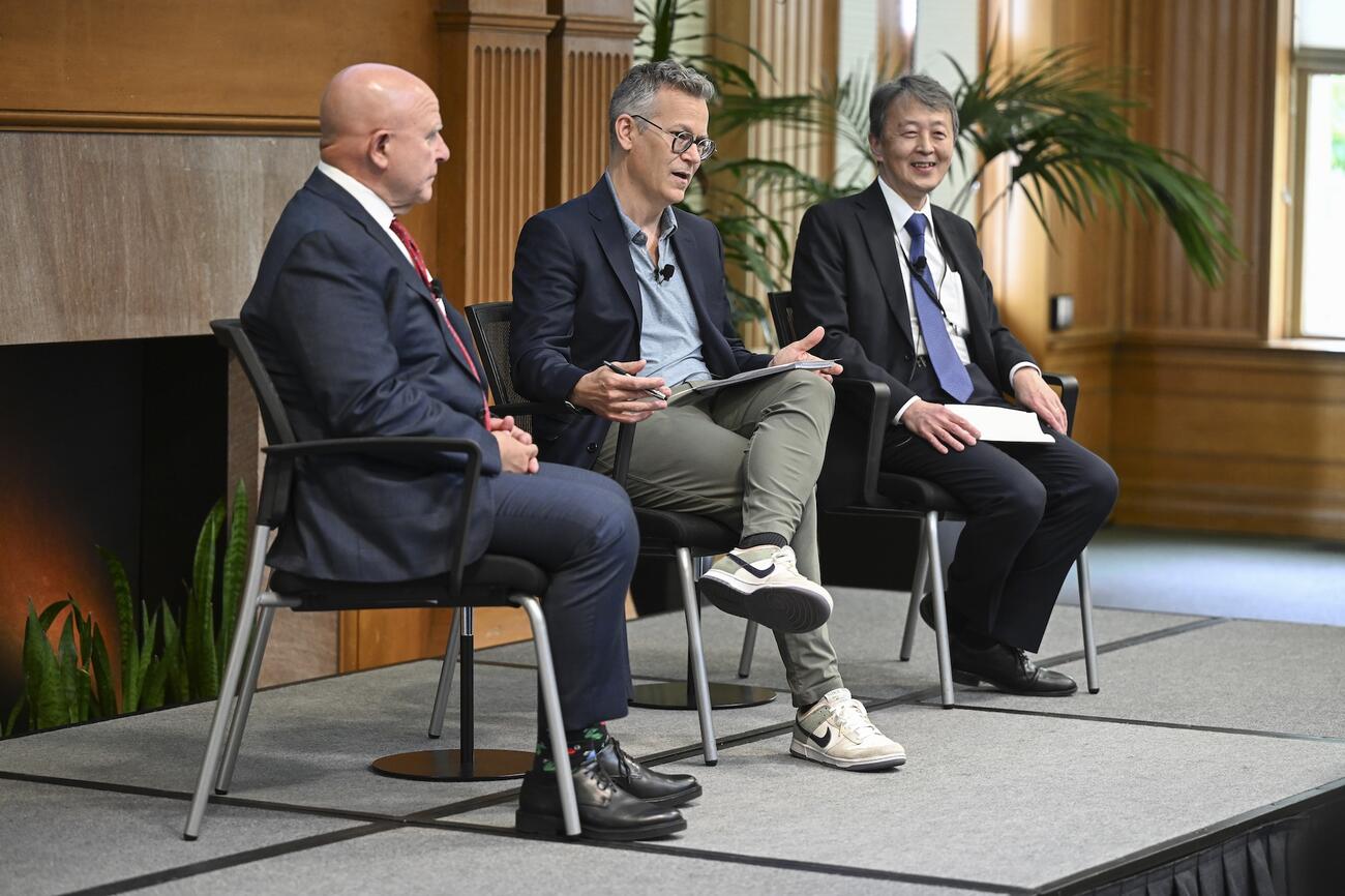 HR McMaster, Colin Kahl, and Masataka Okano during a fireside chat.