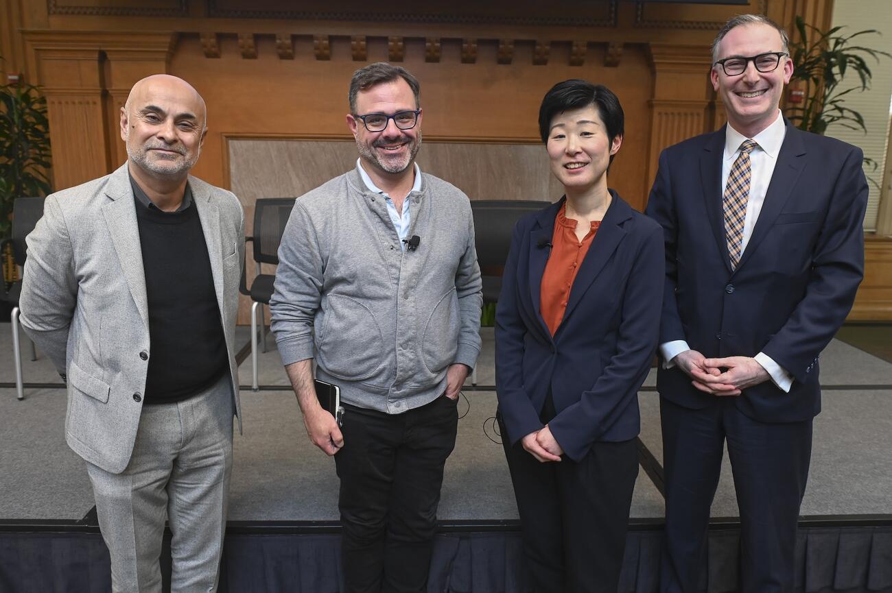 Sanjeev Khagram, Andrew Grotto, Mihoko Matsubara, and Michael Sulmeyer pose for the camera.