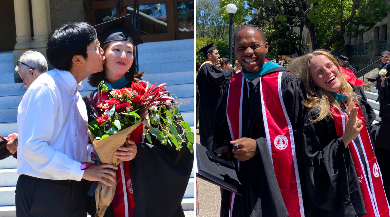 [Left] A spouse gives his wife a kiss following her graduation from the Ford Dorsey Master's in International Policy at Stanford University; [Right] Tyler Perry and Cosima Zaveta, graduates of the Class of 2026 of the Ford Dorsey Master's in International Policy, laugh together.