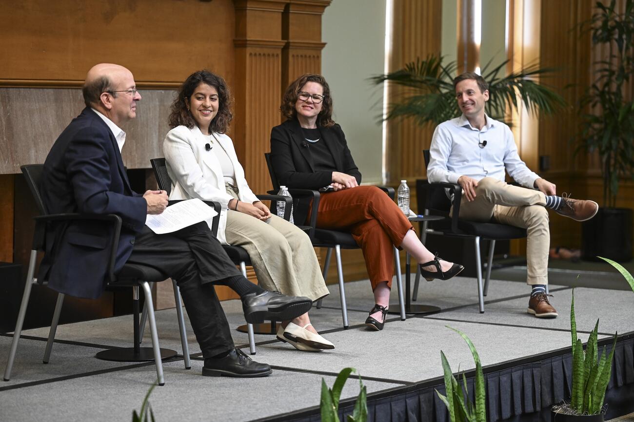 James Hamilton, Shibani Mahtani, Anna Fifield, and Oren Samet during a panel discussion at the 2026 Shorenstein Journalism Award.