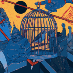 Illustration depicting democratic backsliding: a caged bird symbolizing free expression is surrounded by protestors, riot police, money, political figures, and the U.S. Capitol, while large hands manipulate the scene from above.