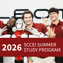 2026 SCCEI summer study program banner image with three students posing with a peace sign giving robot. 