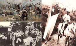 composite image of conflict, workers, and people on horseback