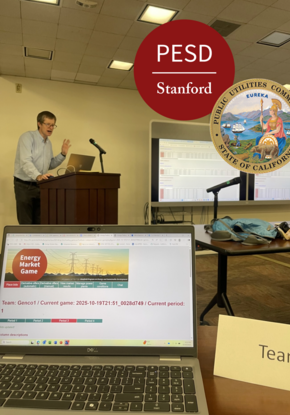 Mark Thurber teaching with Energy Market Game computer screen in foreground