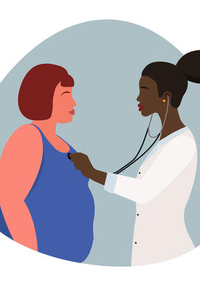 An illustration of a doctor and overweight patients