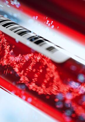An illustration of blood vials with DNA code