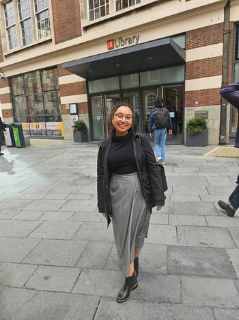 Paige Hill in front of the London School of Economics Library