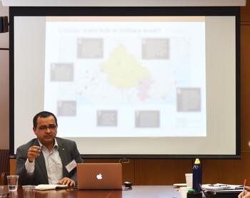 Amit Bhandari of Gateway House: Indian Council on Global Relations presents his research at the Belt and Road Workshop. Amit Bhandari of Gateway House: Indian Council on Global Relations presents his research at the Belt and Road Workshop.