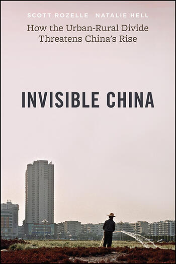 Book cover for "Invisible China: How the Urban-Rural Divide Threatens China's Rise" showing a man watering a field in front of high rise buildings. 