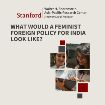 Square event banner with text "What Would a Feminist Foreign Policy for India Look Like?", featuring a photograph of two Indian women conversing while looking at a tablet