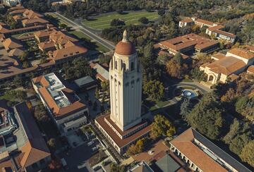 aerial view of university campus with a tower in the middle