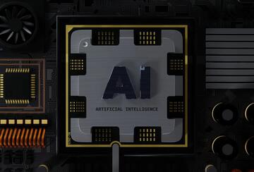 Close-up of a computer chip labeled ‘AI Artificial Intelligence,’ embedded in a circuit board with gold connectors and electronic components.