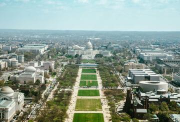 An aerial view of the Capitol Building and the National Mall in Washington, D.C.