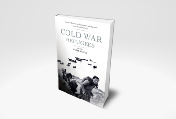 3d cover image of the book "Cold War Refugees," showing Asian refugees walking up from a beach, with boats in the background.