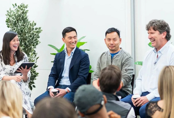 Ernestine Fu Mak (far left) and Steve Bowsher (far right) speaking with panelists during a session of the "Silicon Valley & The U.S. Government" speaker series.