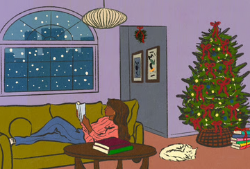 Illustration of a woman reading on a couch with a Christmas tree behind her.