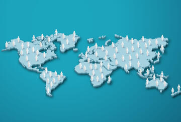 Paper-cut style illustration of people on a world map