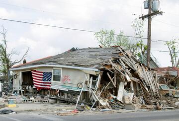Barber shop located in the Ninth Ward, New Orleans, Louisiana, damaged by Hurricane Katrina in 2005.