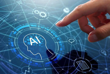 Human finger touching a screen with AI agent