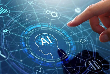 Human finger touching a screen with AI agent