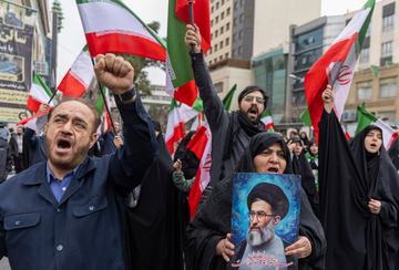 Protestors take to the streets in Tehran following strikes against Iran conducted by the United States and Israel on February 28,2026.