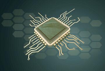 Illustration of a semiconductor chip layered over an abstract shape representing the geography of Taiwan using an arrangement of pentagons.