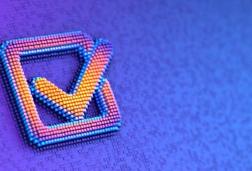 A 3D illustration of a checkmark sign on a futuristic, blue pixelated background.