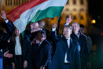 Peter Magyar, lead candidate of the Tisza party, speaks to supporters after the Tisza party won the parliamentary elections on April 12, 2026 in Budapest, Hungary. 