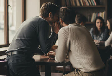 Two people in contemporary, neutral clothing quietly converse in a professional hallway. They are framed from behind and in profile, with no identifiable facial features visible. One leans in to share information, while the other listens attentively with a subtle shift in posture. The background features blurred figures hinting at a wider social context. The lighting is subdued and natural, creating an intimate, analytical mood.