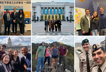 A collage of six photos showing students from the 2026 Class of the Ford Dorsey Master's in International Policy doing fieldwork around the world for their capstone projects.