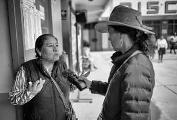 Beatriz Magaloni interviews a voter on April 12, election day, at a polling station in the province of Anta, Cusco. Several interviews were conducted that same day inside and outside polling stations in this southern Andean region.