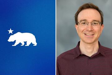 Side-by-side images of a stylized image of the California state flag featuring a white bear walking on a blue gradient background, with a single white star above the bear, and Valentin Bolotnyy