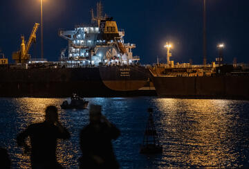 The Albina Bulk carrier sits anchored on March 22, 2026, at Sultan Qaboos Port in Muscat, Oman.