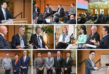 A collage of 8 photos of speakers and panels from the Stanford Japan Conferece, “Frontiers of Defense Tech in the Shifting U.S. Alliances with Japan and Beyond: AI, Cyber, and Space."