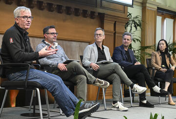 Colin Kahl, Director of the Freeman Spogli Institute for International Studies, on stage with panelists at the May 5 event, "World Changing Technology in 2026"