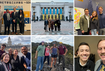 A collage of six photos showing students from the 2026 Class of the Ford Dorsey Master's in International Policy doing fieldwork around the world for their capstone projects.