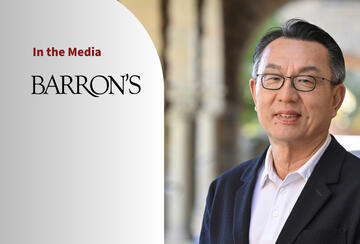 Portrait photo of Gi-Wook Shin and a logo of the magazine Barron's with text "In the Media."