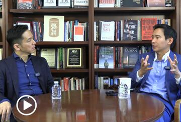 Pita Limjaroenrat and Kiyoteru Tsutsui in conversation.