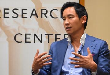 Pita Limjaroenrat speaks at a fireside chat hosted by APARC's Southeast Asia Program.