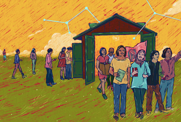 Illustration of diverse young activists emerging from a garage carrying books and a raised-fist flag, with a network of connected stars overhead, symbolizing the Democracy Garage.