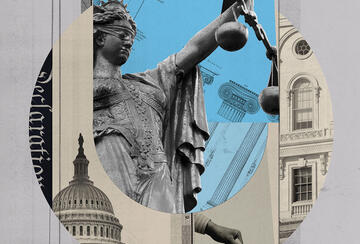 Collage illustration combining a blindfolded Lady Justice holding scales, the U.S. Capitol dome, a hand casting a ballot, classical column architecture, and government building facades.