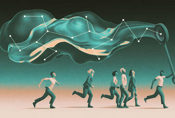 graphic of people running after a man making bubbles