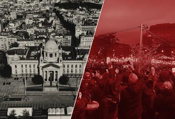 A diagonal split image in duotone. On the left, an aerial view of Serbia’s National Assembly in Belgrade in grey; on the right, in red, a nighttime crowd at Slavija Square holding up phone lights.